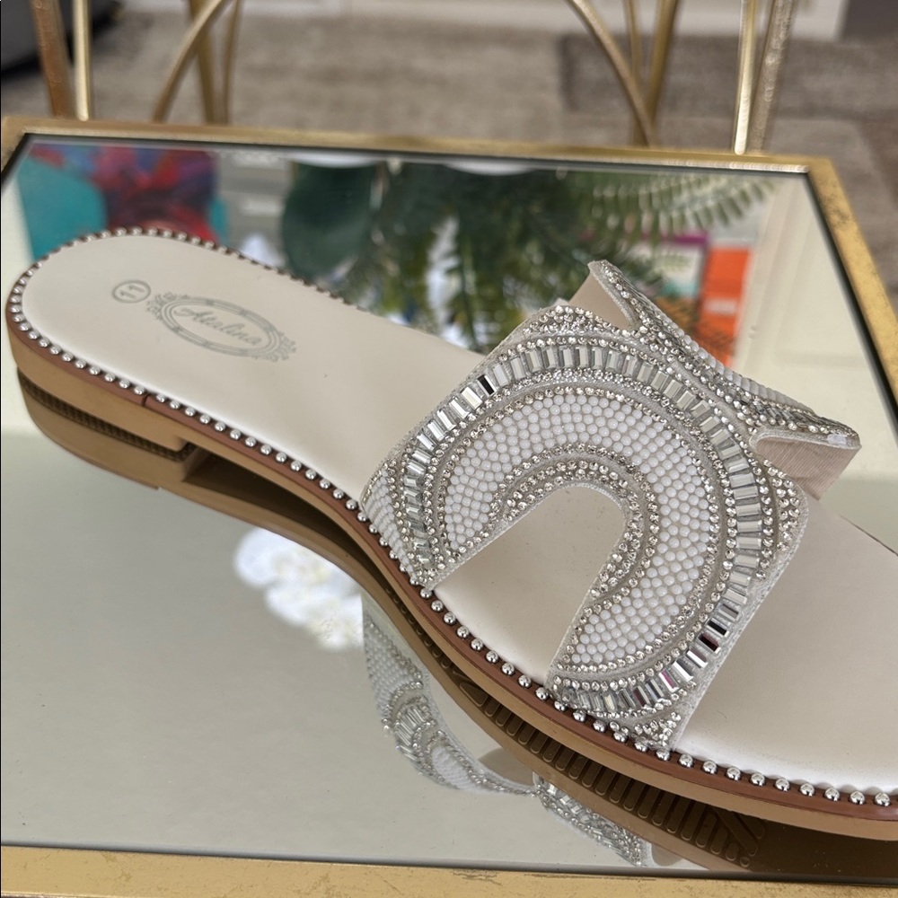 Chic White and Silver Beaded Slide Sandals